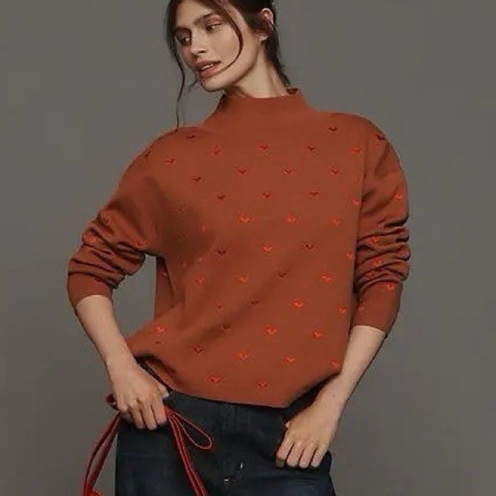 Maeve Teracotta and Red Heart Mock Neck Sweater